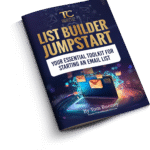 A book titled "List Builder Jumpstart: Your Essential Toolkit for Starting an Email List" by Tom Rooney, featuring an image of a laptop with email icons on the cover.