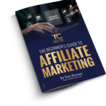A booklet titled "The Beginner's Guide to Affiliate Marketing" by Tom Rooney is shown, featuring a dark blue and gold cover with business-themed icons and a laptop keyboard.
