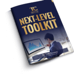 A business booklet titled "Next-Level Toolkit" by Tom Rooney, featuring a man analyzing a bar graph on a computer screen.