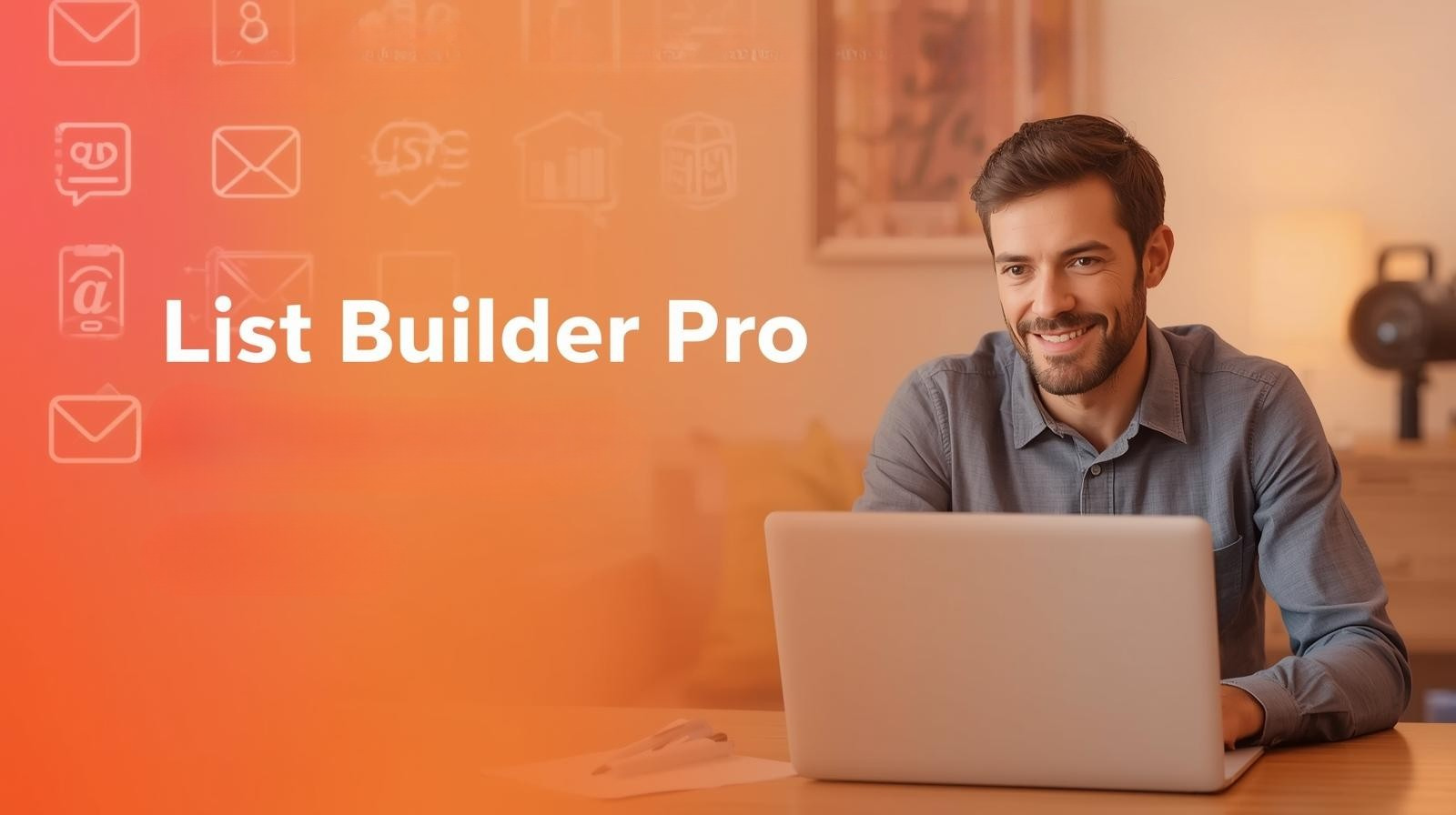 A man sits at a desk using a laptop, with the words "List Builder Pro" and digital icons displayed on an orange gradient background.