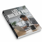 A book titled "List Builder Pro" featuring a man in business attire working on a laptop at a desk with a coffee mug.