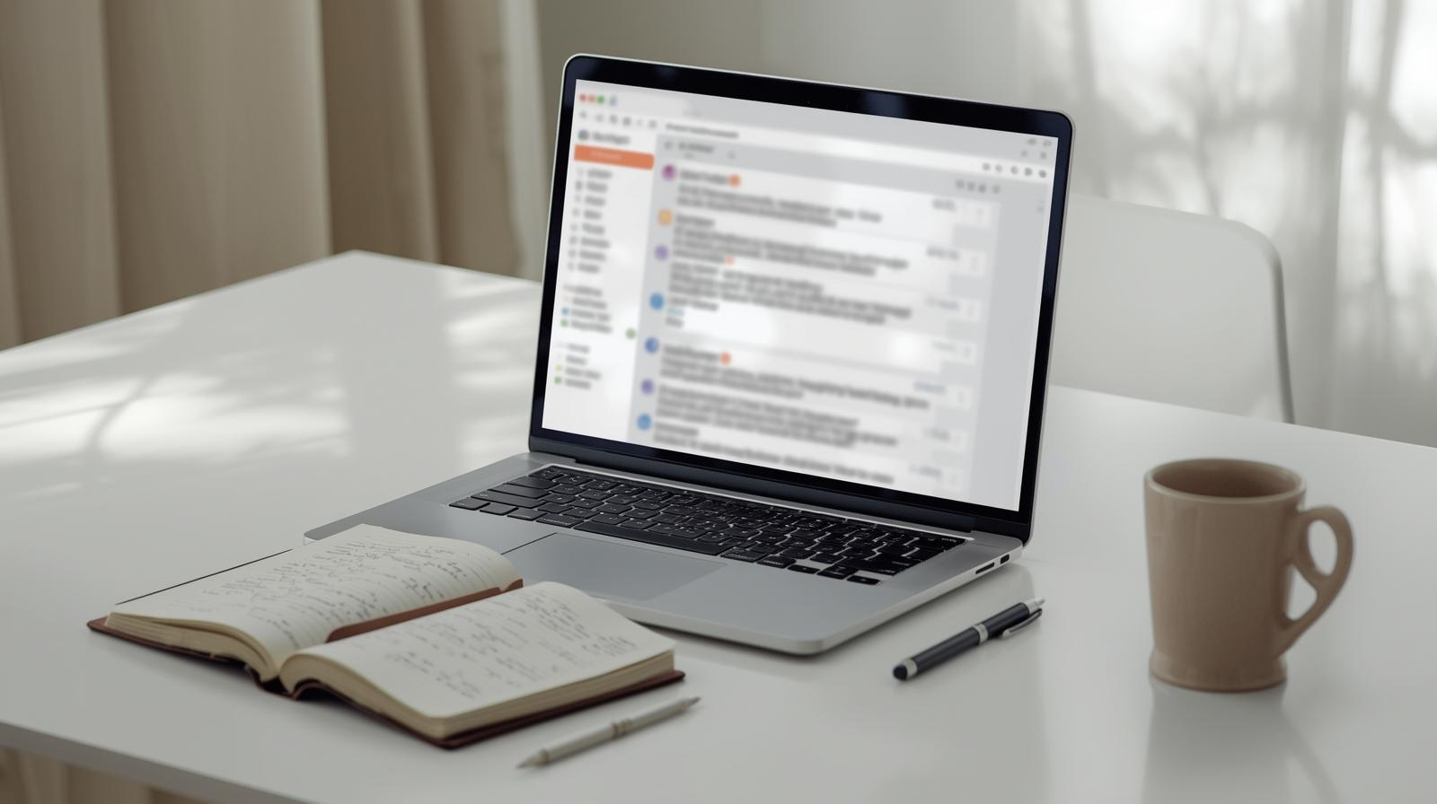 A laptop displaying an email inbox sits on a white desk with an open notebook, pen, pencil, and a coffee mug.