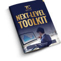 A business booklet titled "Next-Level Toolkit" by Tom Rooney, featuring a man analyzing a bar graph on a computer screen.