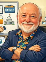 Smiling older man in a blazer sits at a desk with contract and business icons behind him, including charts, handshake, and folders, suggesting a professional office setting.