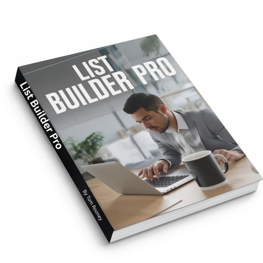 A book titled "List Builder Pro" featuring a man in business attire working on a laptop at a desk with a coffee mug.