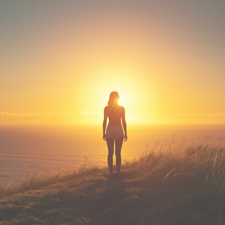 A person stands on a grassy hill at sunset, facing the sun with the ocean and sky in the background.
